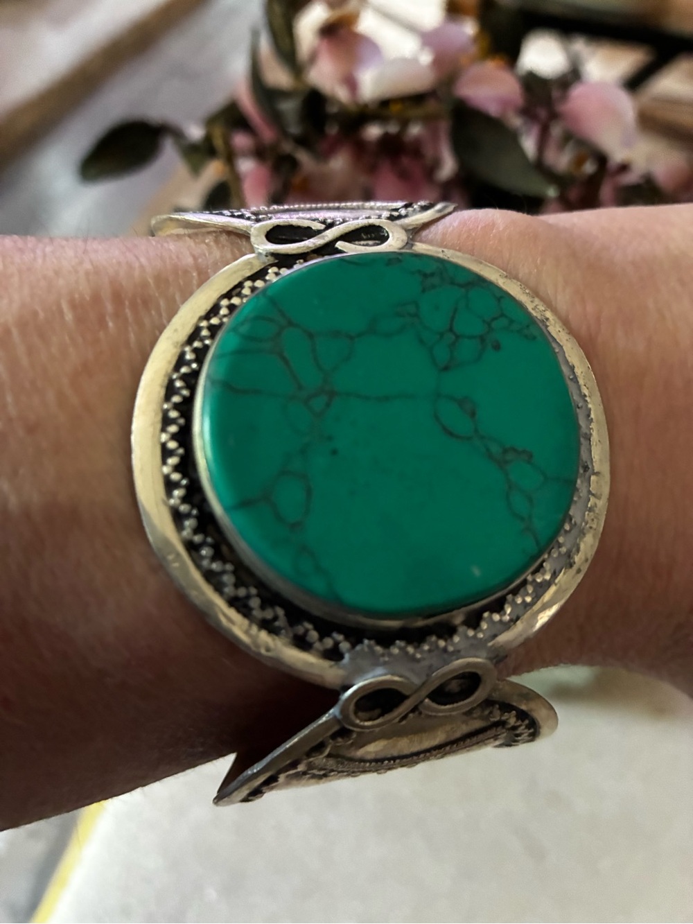 Turquoise-Color Round Stone Silver Bracelet - Women Jewelry